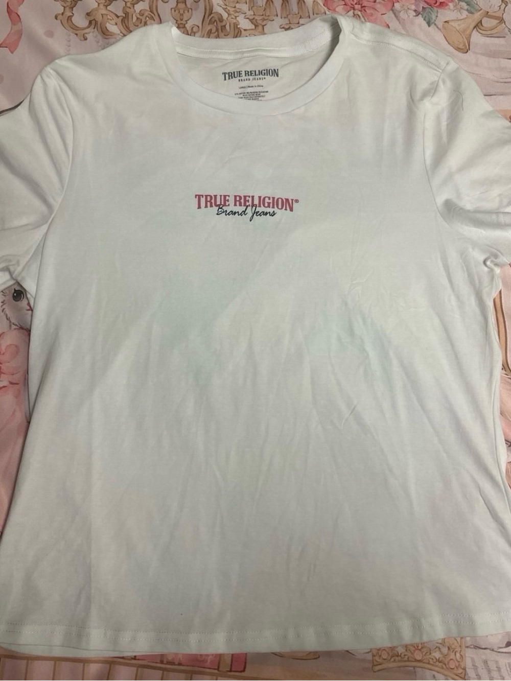 True Religion White Tee with Red Logo and Black Wing Graphic